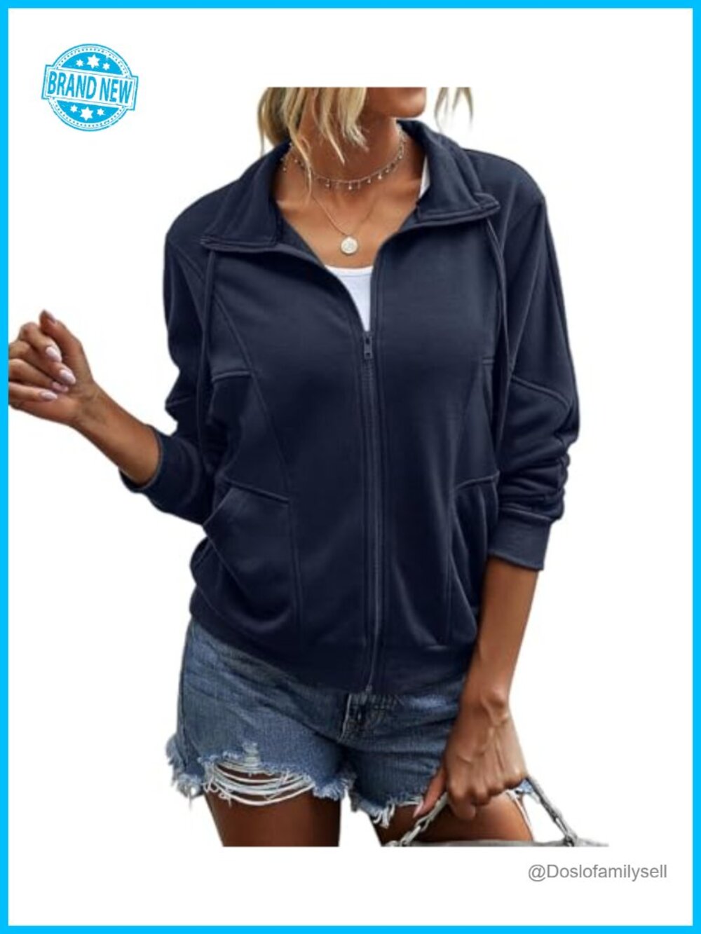 Women's Zip Up Lightweight Sweatshirt Jacket Stand Collar Pockets Long Sleeve